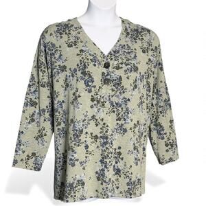 J. Jill Floral Henley Tunic Sweatshirt Top Gray Purple Fleece Lined 2X Casual